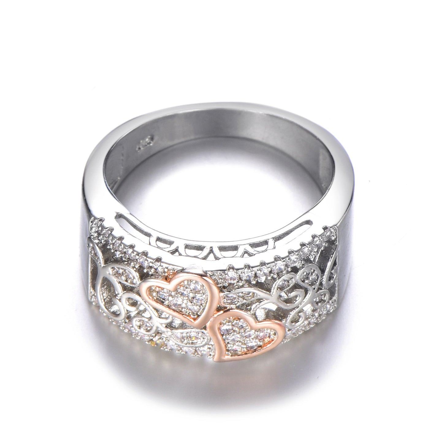 Womens 18k Rose Gold Plated Heart to Heart Ring with Gemstone Inlaid for Wedding Engagement Anniversaries Gift