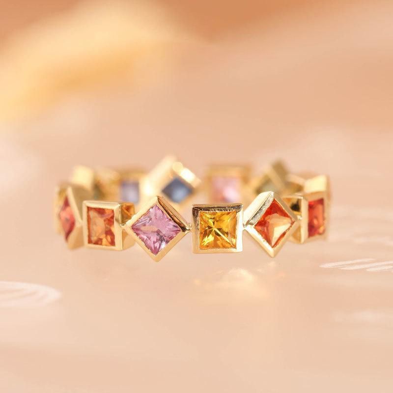 Gold Plated Geometric Ring Colorful Crystal Inlays Rainbow Jewelry For Women Durable Elegant Accessory Classic