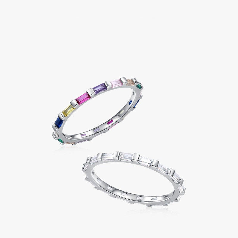 Womens Sterling Silver Ring With Geometric Zircon Rainbow Inlaid Stackable Quadrilateral Ring For Her Everyday