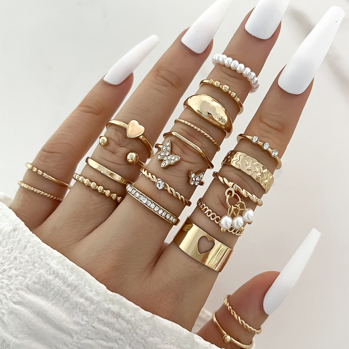 Womens Knuckle Rings Set 23 Pcs Trendy Ins Style Drop Shape Rings Cross Pearl Sun Moon Eye Gold Silver Alloy Female