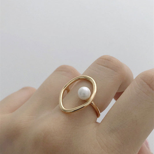 Womens Pearl Ring Geometric Alloy Ring Electroplated Pearl Inlaid Korean Fashion Vintage Gift Statement Accessory