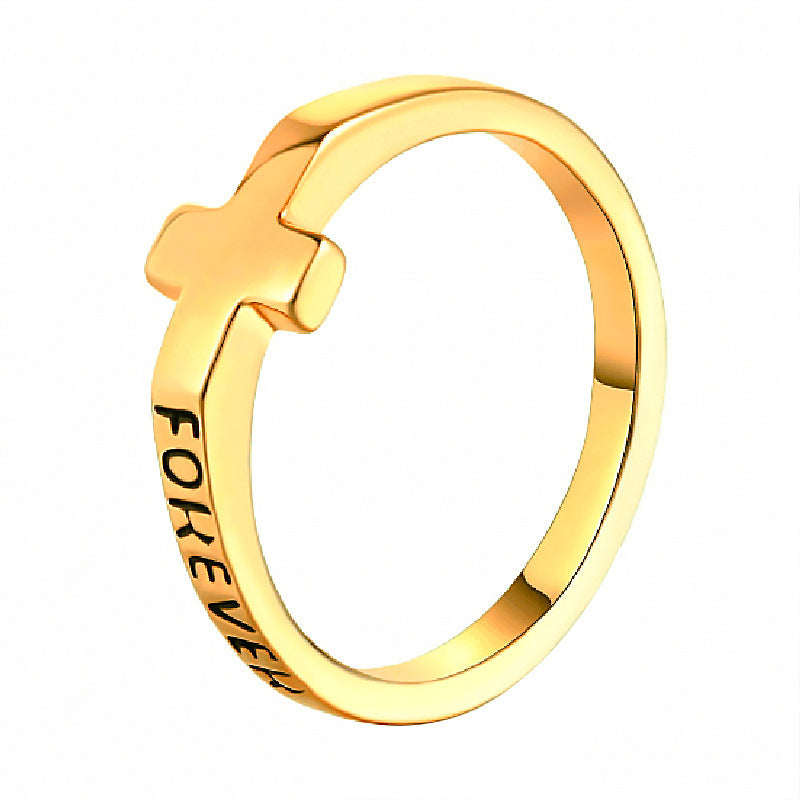 Womens Cross Ring Alloy Electroplated Eternal Letter Design Gold Plated Fashion Jewelry Ring for Women Color Gold