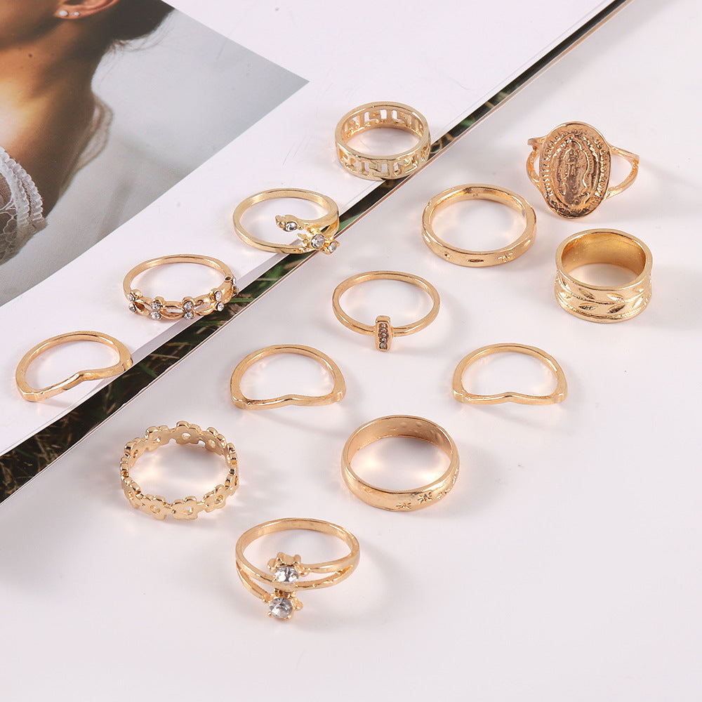 Womens Bohemian Rings Set Vintage Crystal Geometric Flower Leaf Rings Alloy Electroplated Jewelry Set Of 13 Pieces