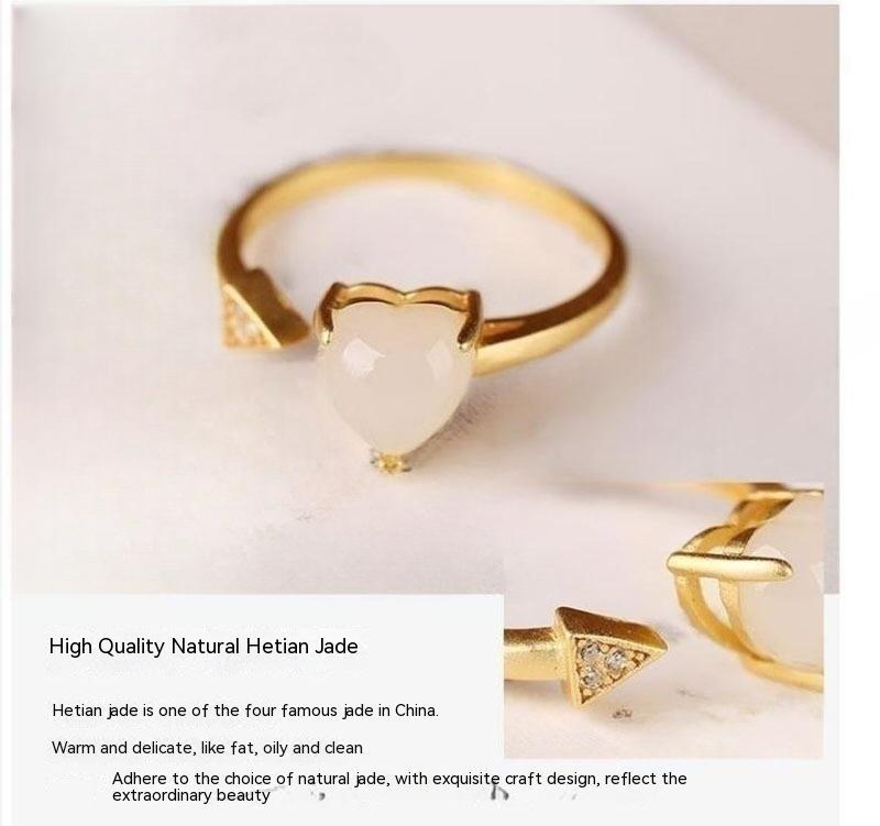 Women's Heart Ring Adjustable Opening Copper Electroplated Ring with Jade Stone Minimalist Design Open Ring for Her Animal Zodiac Ring National Fashion