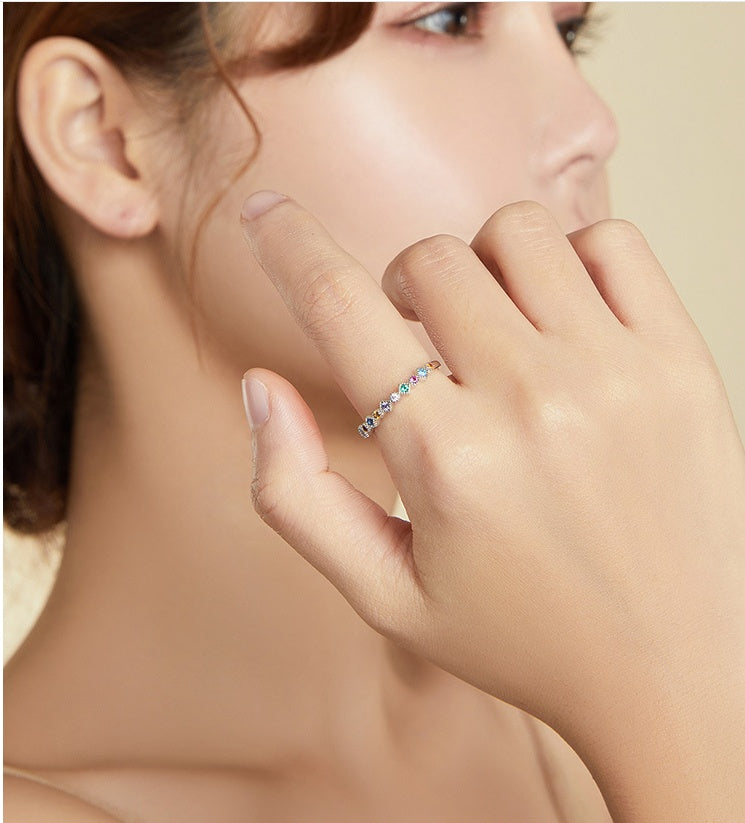 Rainbow Sterling Silver Ring For Women And Girls Zircon Plated 925 Lightweight Thin Band Hypoallergenic Comfort