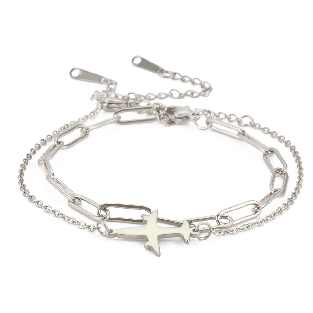 Womens Elegant Stainless Steel Double Layer Bracelet Pattern Design Simple Bangle Jewelry Gift For Her Stylish