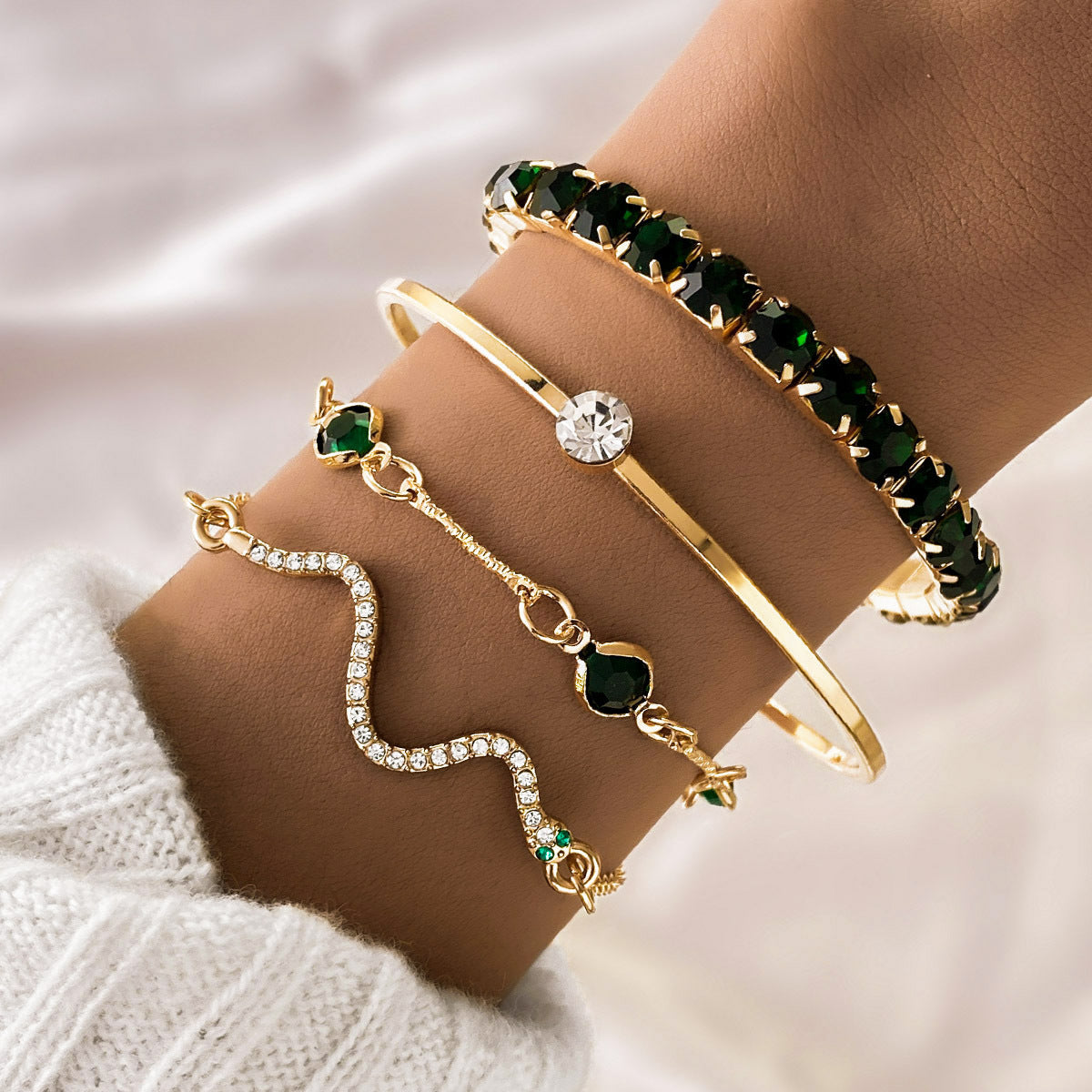 Green Diamond Stretch Bracelets Set For Women Four Pieces
