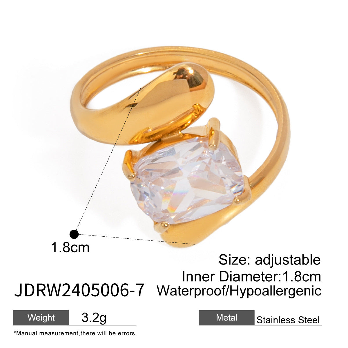 Unisex 18K Gold Plated Stainless Steel Ring With Zircon Open End Geometric Line Design Electroplated Jewelry XL