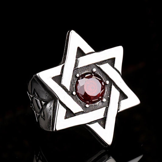 Retro Alloy Ring Six Pointed Star Design Fashion Jewelry for Women Gift Accessory Red JetBlack Plating Elegant