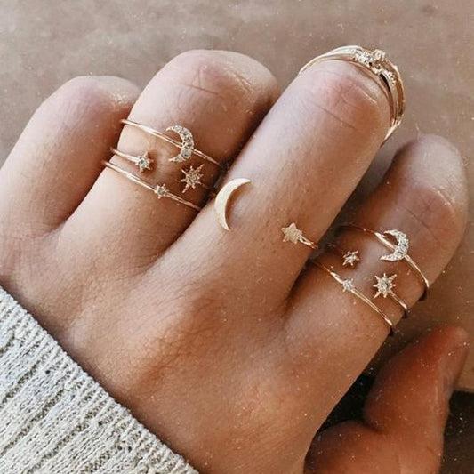 Rhinestone Inlaid Ring Set With Star Flower And Pearl Accents Alloy Fashion Rings Ten Piece Unisex For Daily Wear