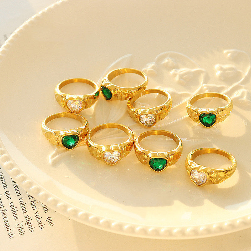 Women Heart Shaped Ring with Glass Stone Crystal Accent Titanium Steel Band Elegant Geometric Design Ideal Gift