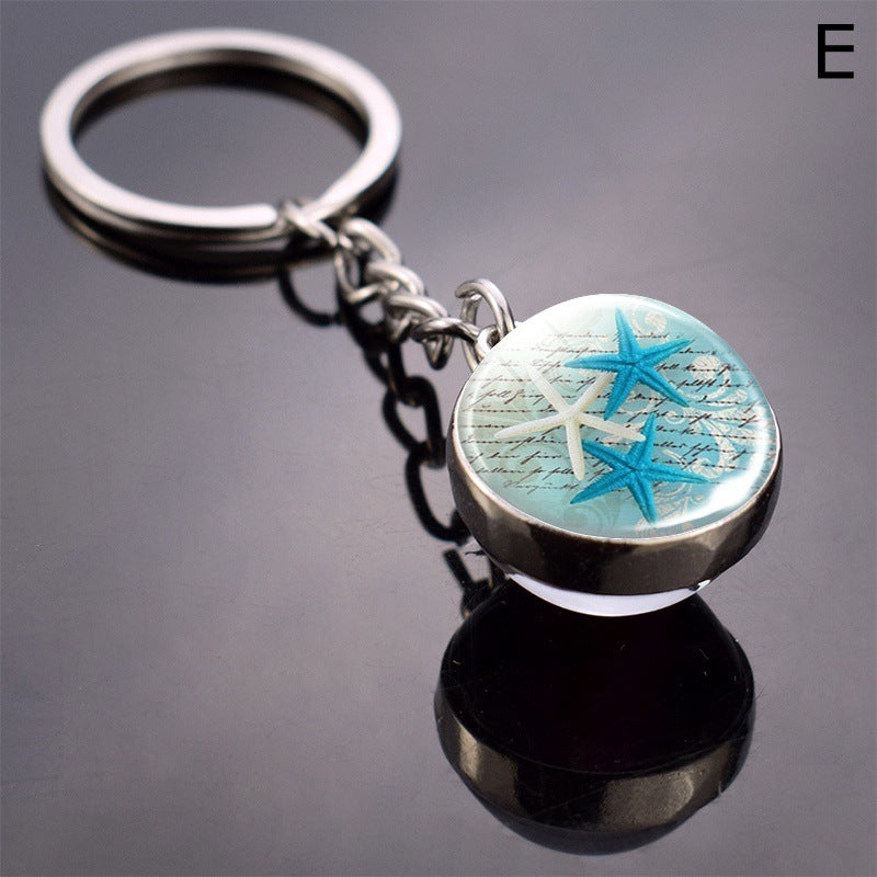 Double Sided Glass Ball Key Ring With Turtle Charm Time Gem