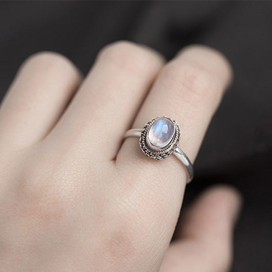 Women Moonstone Ring Inlaid Sterling Silver Copper Adjustable Dainty Jewelry Gift For Her Elegant Durable Wear