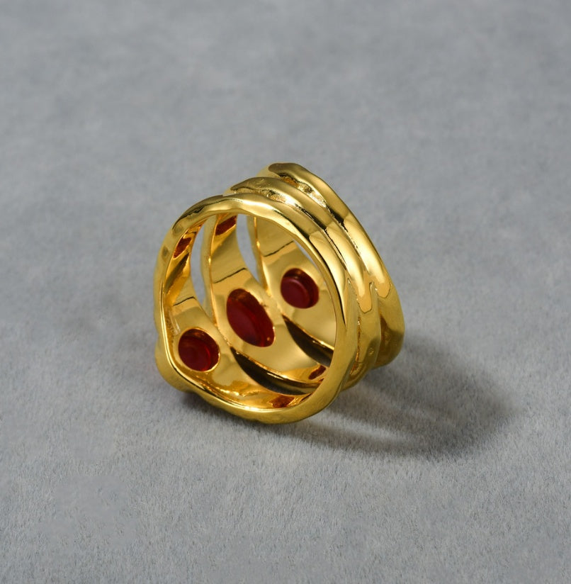 Womens Gold Ring Ruby Irregular Texture Layered Inlaid Design Brass Plated 18K Gold Jewelry Gift For Her Everyday Wear