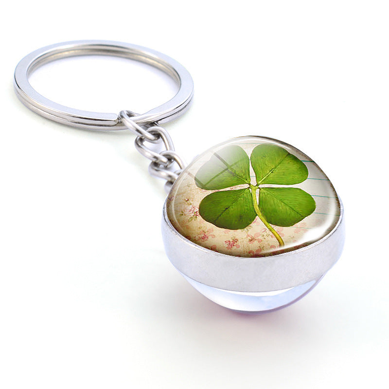 Crystal Glass Ball Keychain Double Sided Translucent Design Lightweight Alloy Base Four Leaf Clover Charm Glow