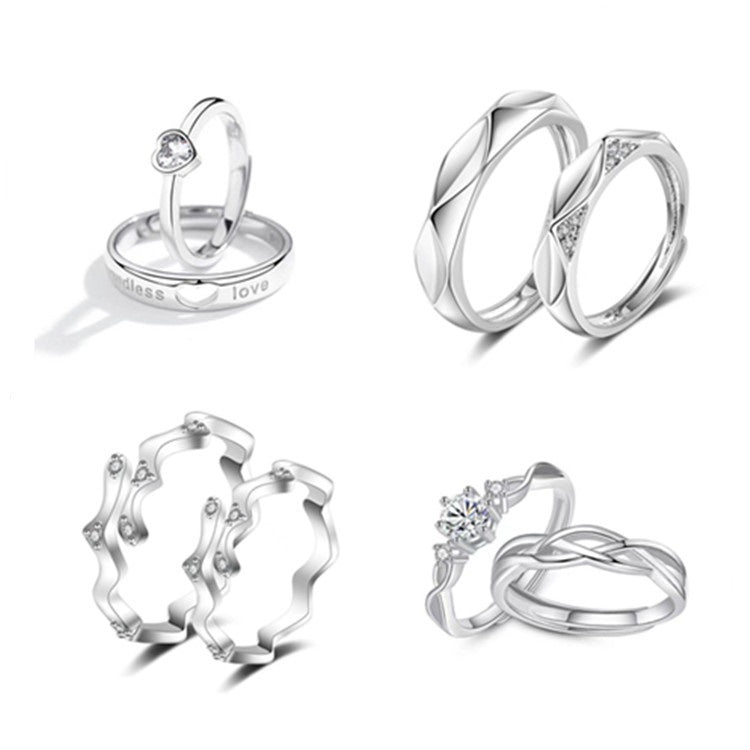 Women Adjustable Open Ring Heart Bow Wave Design Copper Electroplated Micro Zircon Inlaid Anniversary Couple Ring