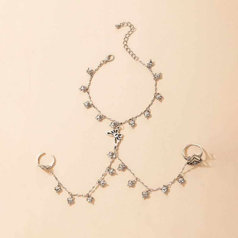 Womens Bohemian Finger Bracelet Set Heart Shaped Alloy Metal Design Butterfly Tassel Geometric Jewelry For You