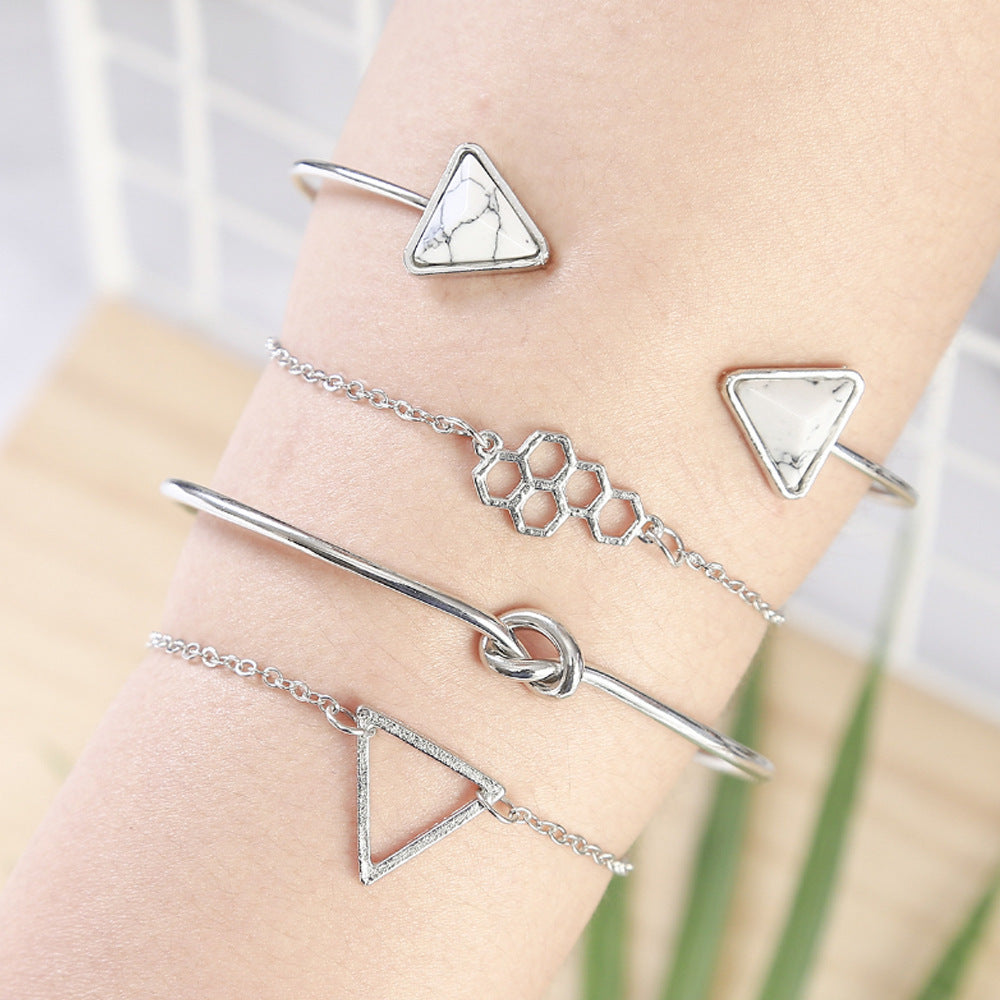 Geometric Alloy Bracelet Set With Gem Inlays Triangular Love Design Jewelry Gift For Her Collection Lightweight Chic