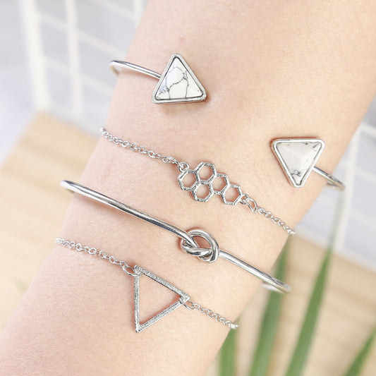 Geometric Alloy Bracelet Set With Gem Inlays Triangular Love Design Jewelry Gift For Her Collection Lightweight Chic