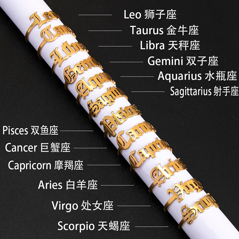 Stainless Steel Zodiac Sign Open Ring Adjustable Gold Letter Initial Ring for Women Lightweight Everyday Spark
