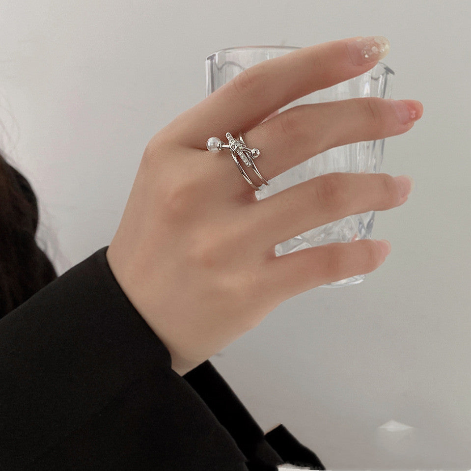 Copper Adjustable Open Ring With Geometric Design Pearl Elements Electroplated Fashion Jewelry For Women Shines