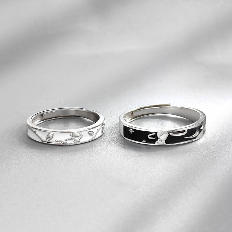 Sterling Silver Couple Rings Floral Design Adjustable Opening Exquisite Plating White Gold Prince Rose For Her