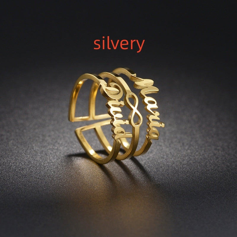 Personalized Ring Three Layer Stainless Steel Engraved Name Letters Numbers Geometric Shape Ring Steel Gold Rose Gold