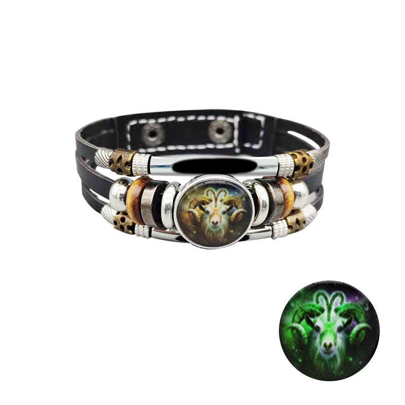 Unisex Retro Leather Bracelet Constellation Luminous Zodiac Sign Alloy Inlay Vintage Jewelry Gift Perfect Gift