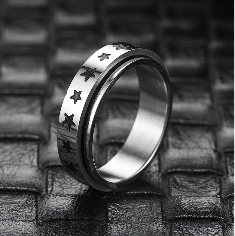Mens Stainless Steel Ring Rotating Band Chain Design Heart Ruyi Sun Moon Five Pointed Star Pattern Gift Trendy