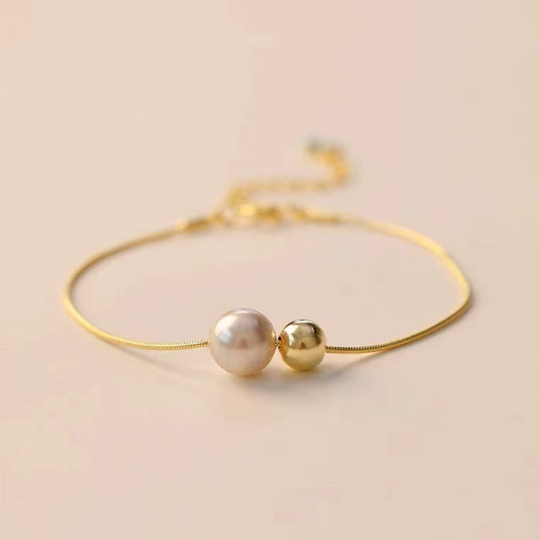 Geometric Copper Bracelet For Women With Double Round Pearl Beads Adjustable Length Bangle Elegant Fashion Jewelry