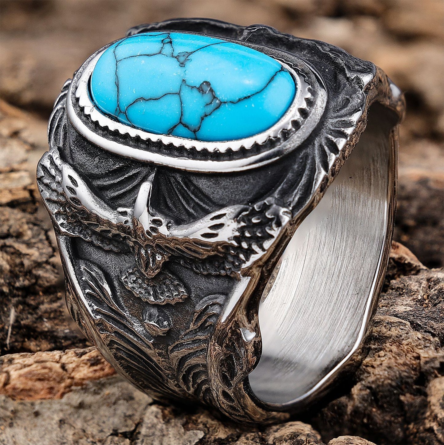 Unisex Turquoise Gemstone Ring Stainless Steel Eagle Inlaid Design Polished Metal Band Fashion Jewelry For Men Women