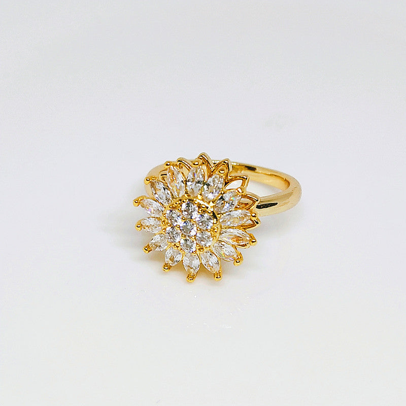 Rotating Sunflower Ring With Full Diamond Adjustable Opening Gold Rose Gold White Gold Women Jewelry Korean Style