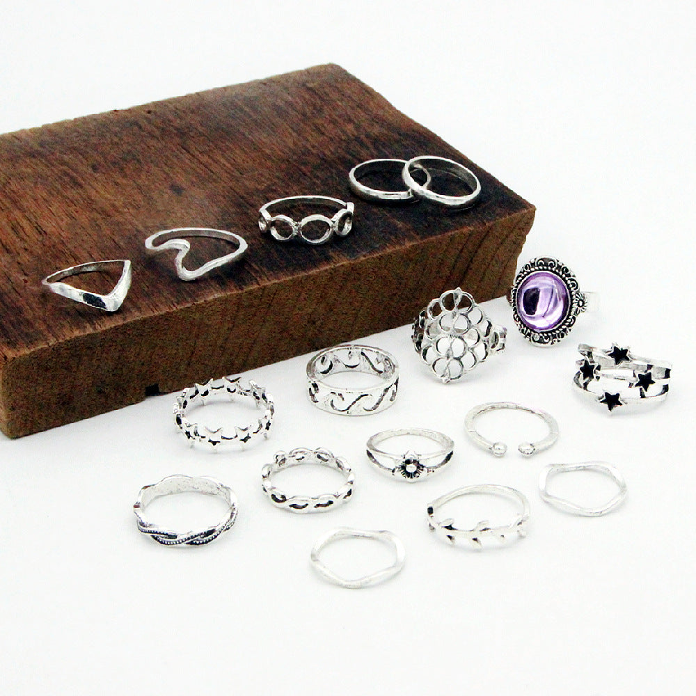 Womens Gold Plated Ring Set 17 Piece With Artificial Gems Star Ring Leaf Ring Wave Ring Geometric Knuckle Ring Band