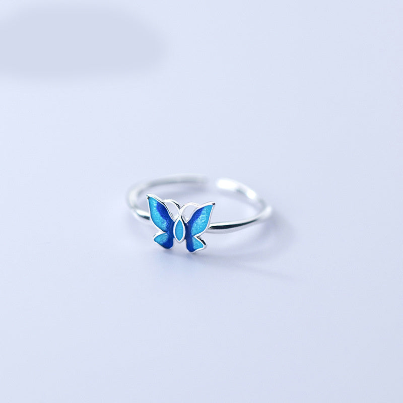 Silver Ring With Blue Butterfly Design And Delicate Insect Motif Adjustable Opening For Women Jewelry S925 Collection