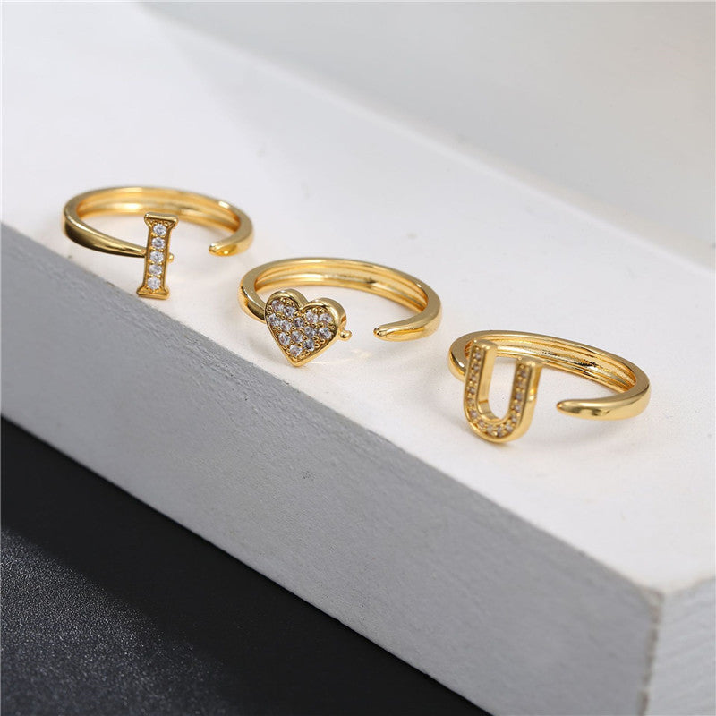 Womens Letter Ring 18K Gold Plated Copper Ring With Zircon Inlay Geometric Design Fashion Jewelry Elegant For Women