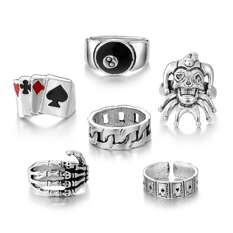 Unisex Alloy Poker Card Rings Set Of 6 Trendy Metal Plaid Ethnic Crown Skull Geometry Rainbow Designs Fashions