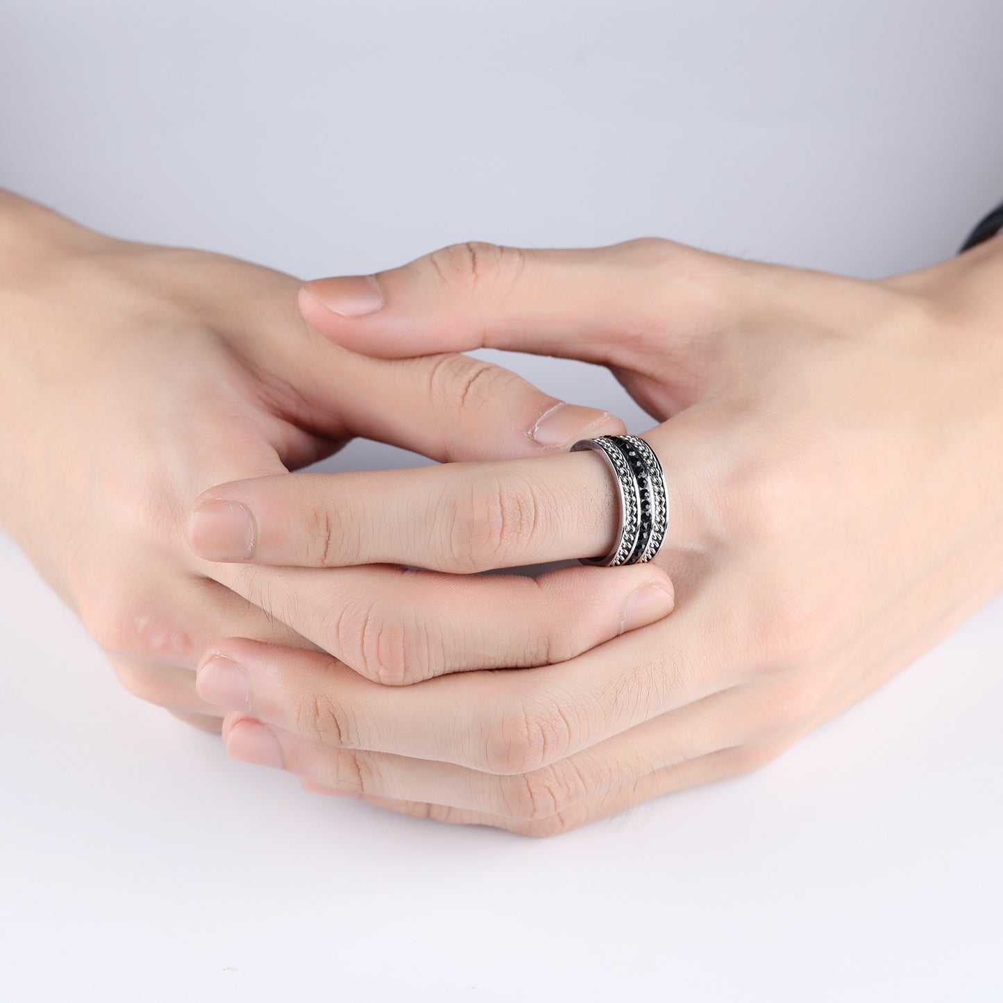 Three Row Wide Cable Chain Black Diamond Ring For Men Titanium Steel With Gem Inlays Elegant Modern Design Art