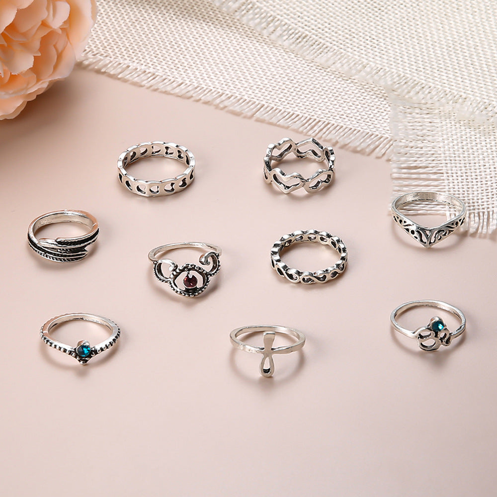 Womens Knuckle Rings Set Vintage Gemstones Carved Rings 9 Piece Alloy Heart Shaped Silver Tone Fashion Jewelry