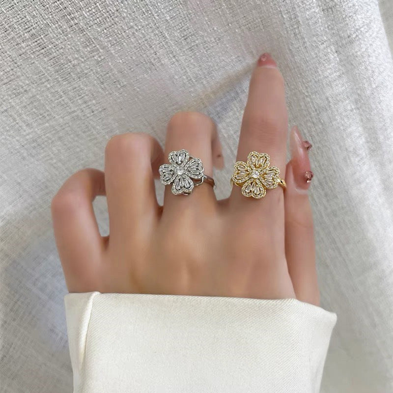 Women Clover Ring Rotating Spinner Jewelry Fashion Trendy Accessory Durable Elegant Gift For Her Camellia Ring