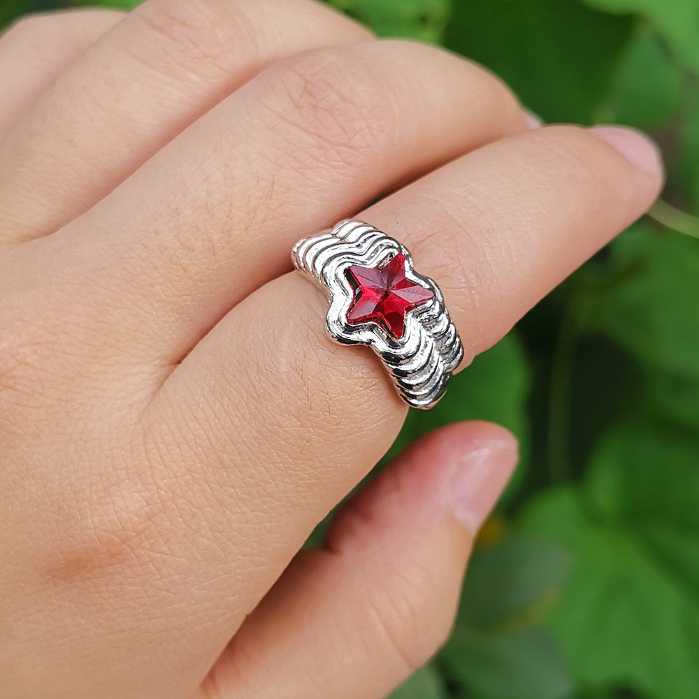 Womens Geometric Star Ring Alloy Metal Fashion Ring Retro Inlaid Star Design Electroplated Cold Wind Ring Ring