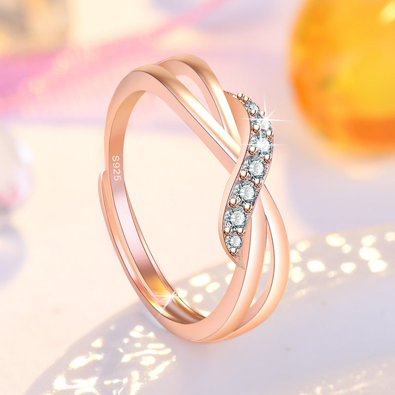 Rose Gold Plated Copper Ring With Full Diamond Wave Design Twist Arm Curve Band For Women Dainty Elegant Jewelry Gift