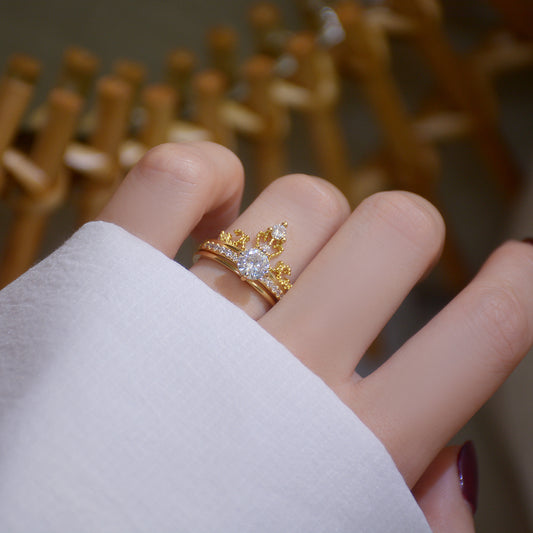 Womens Fashion Copper Zircon Ring Set Micro Inlaid Adjustable Crown Style Korean Couple Jewelry Elegant Allure