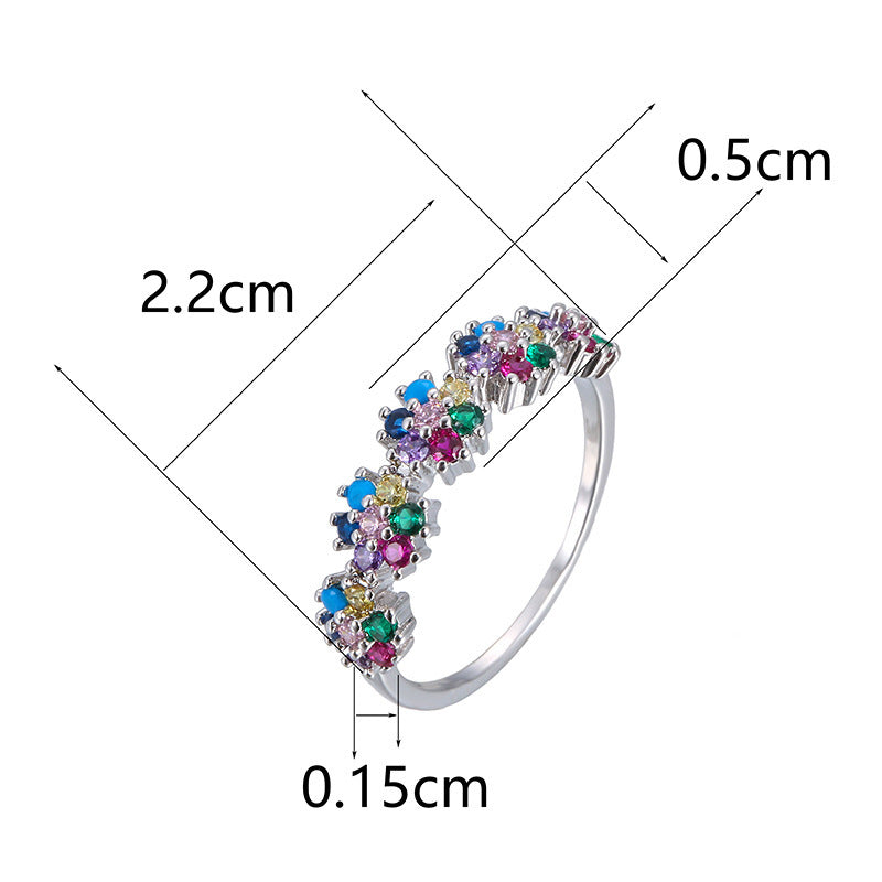 Colorful Zircon Flower Ring Gold Plated Copper Korean Style Elegant Gift For Women Jewelry Fashion Accessories