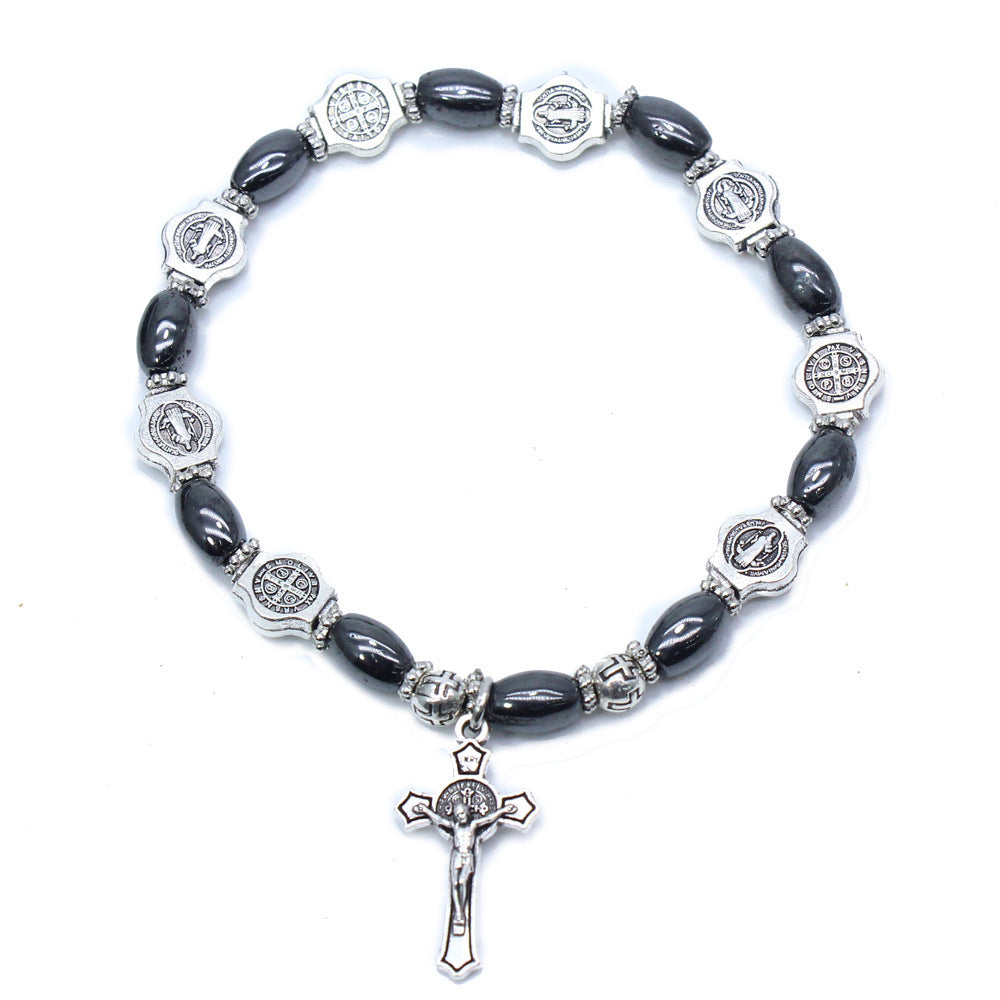 Unisex Obsidian Beaded Bracelet Religious Totem Jewelry Saint Benedict Holy Grail Virgin Holy Father Cross Charm 6mm