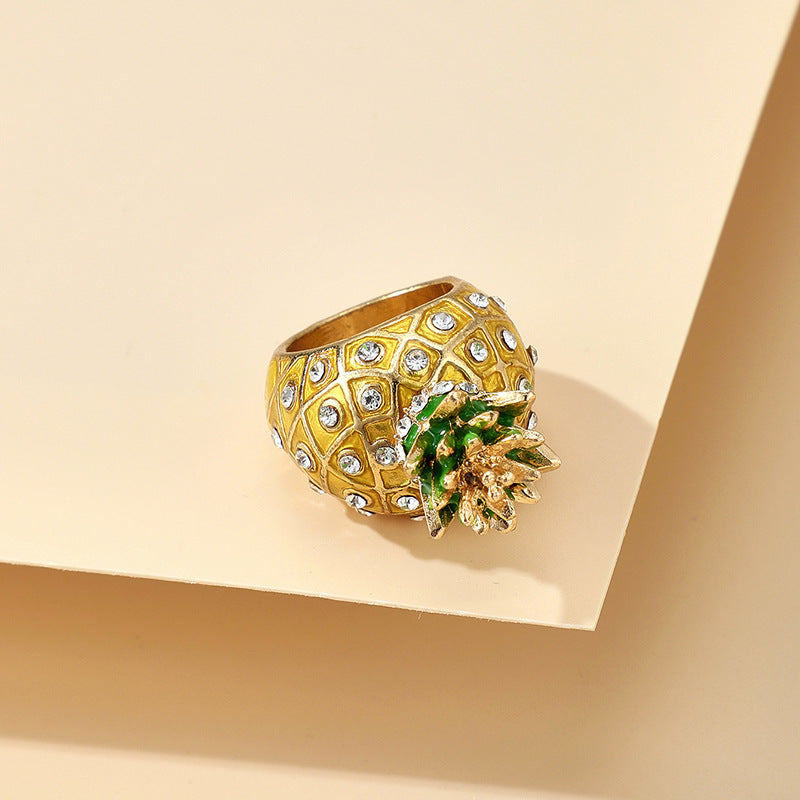 Womens Gold Plated Pineapple Ring 3D Fruit Design Exaggerated Personality Ring Fashion Jewelry Statement Rings