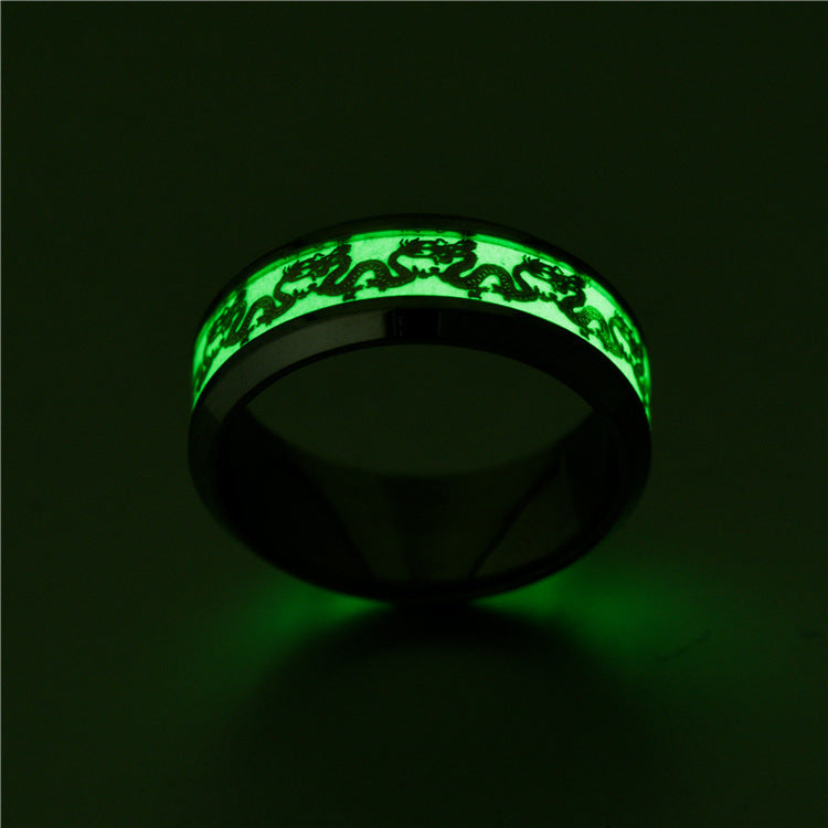 Unisex Titanium Steel Ring With Fluorescent Double Dragon Mosaic Inlays Simple Band For Men And Women Everyday