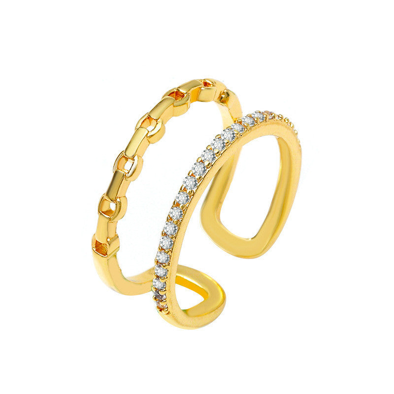 Geometric Hollow Ring Double Row Zircon Copper Band Ring for Women and Girls Everyday Wear Jewelry Gift Always