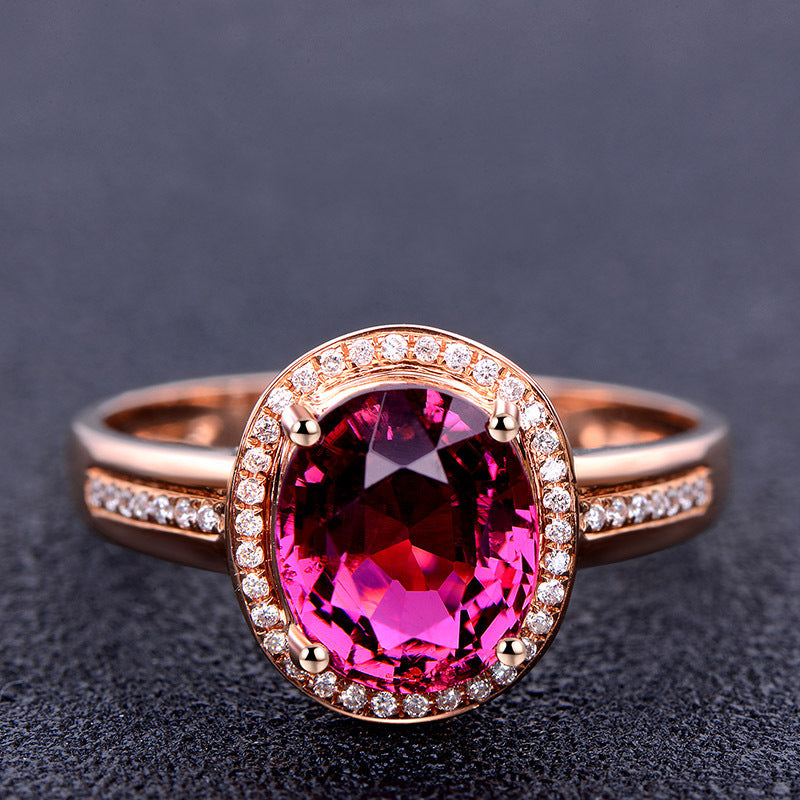 Red Crystal Ruby Gemstone Ring With Diamonds Geometric Mosaic Design In Rose Gold Copper For Everyday Wear And Occasions