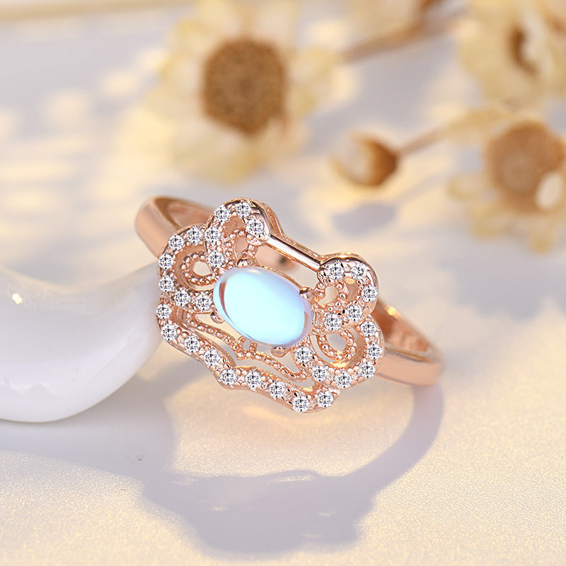 Womens Korean U Shape Ring Moonstone 10x14mm Face Adjustable Opening Copper Electroplated Fashion Jewelry Gem