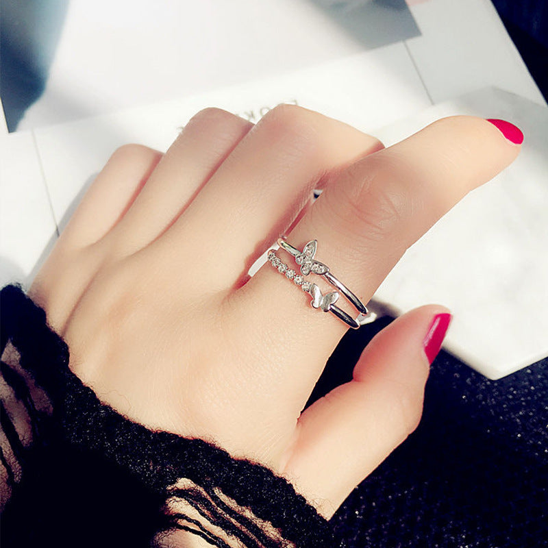 Double Layer Bowknot Copper Ring Adjustable Opening Handcrafted Gem Inlay Diamond Accents Womens Fashion Jewelry